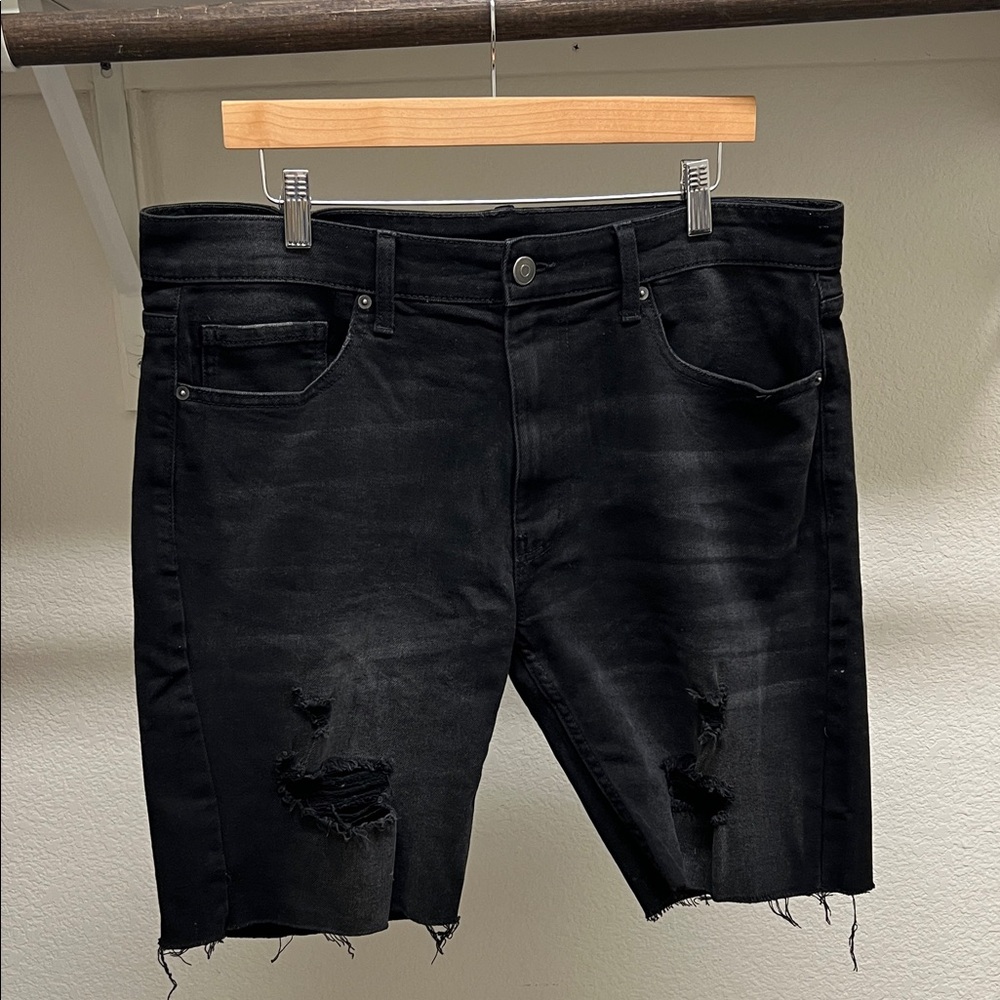 Men's Black Distressed Denim Shorts